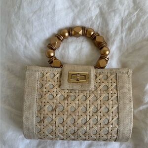 Beige Woven Handbag with Gold Accents